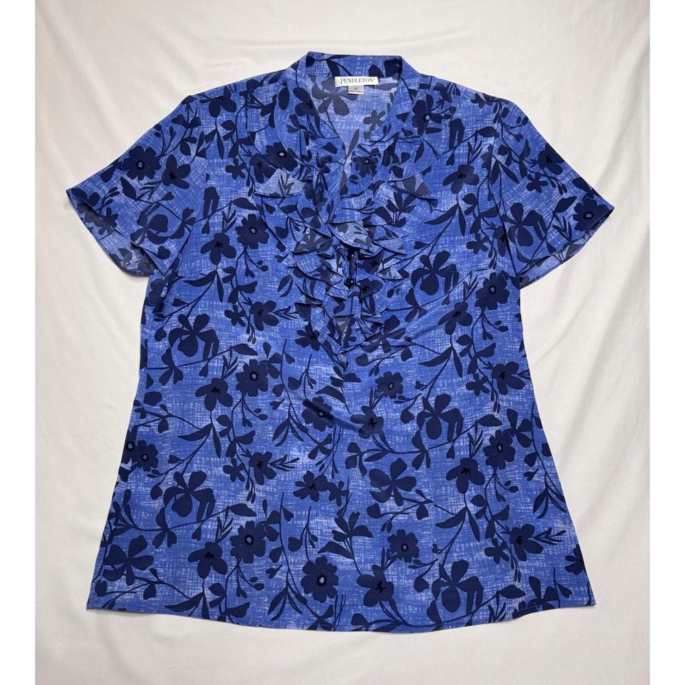 Pendleton Blue Floral Ruffled V-Neck‎ 100% Silk Lightweight Womens Size 12
